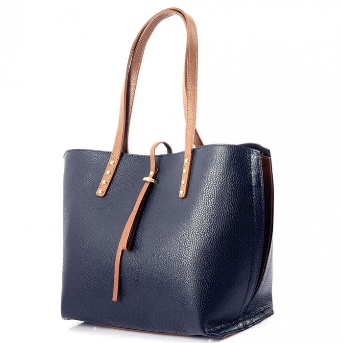 Belinda Leather Shopping Bag - Navy/Tan