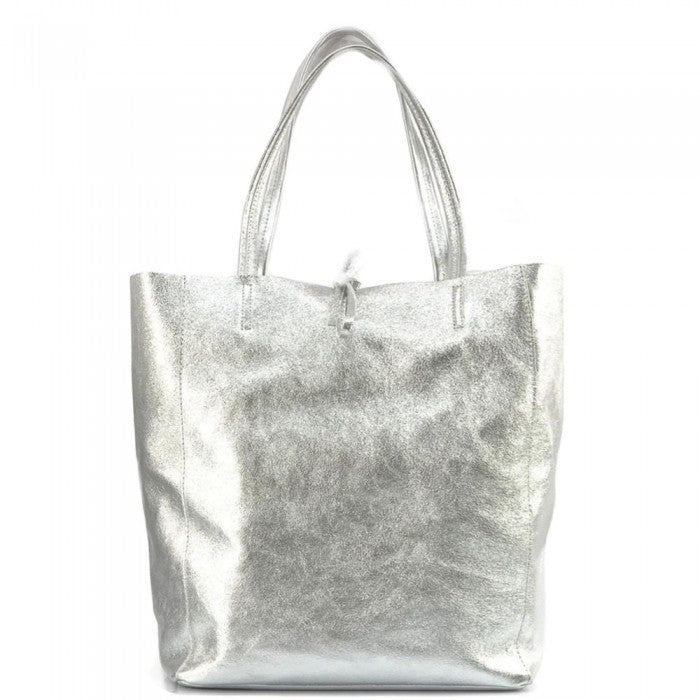 Babila Italian Genuine Leather Tote Bag - Silver