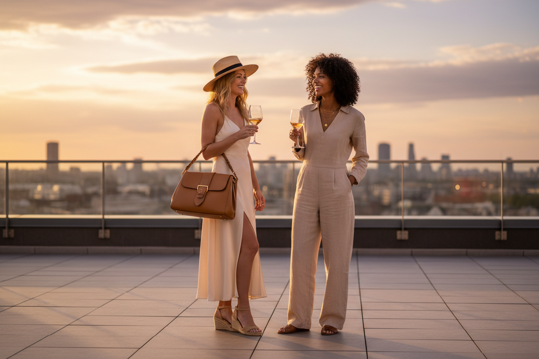 Two stylish women on a rooftop with a Love Moschino bag