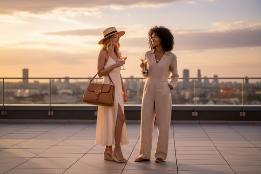 Two stylish women on a rooftop with a Love Moschino bag