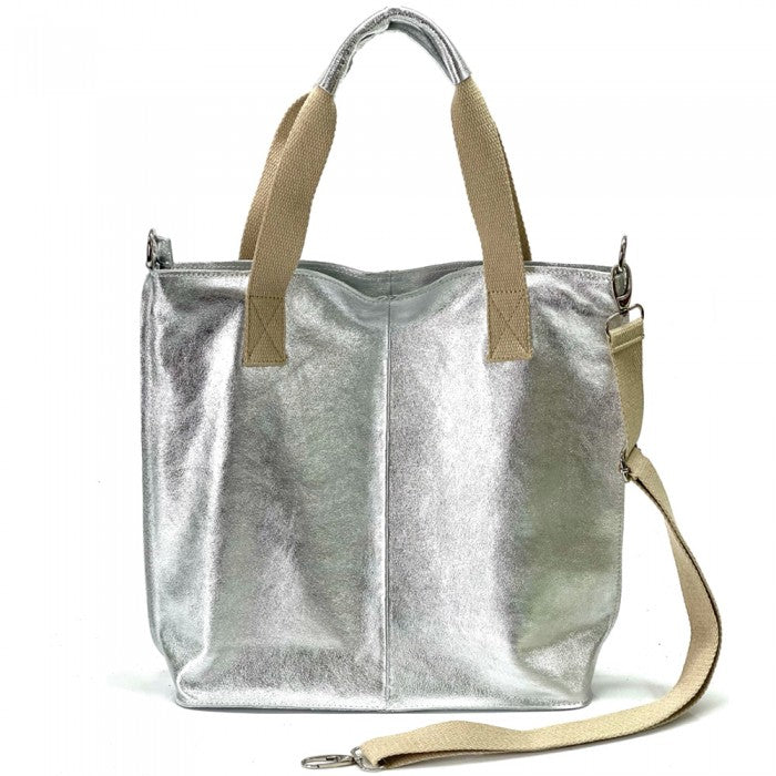 Zelina Italian Genuine Leather Tote Bag - Silver