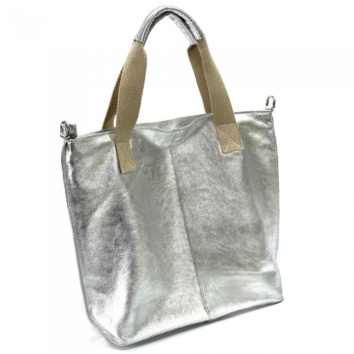 Zelina Italian Genuine Leather Tote Bag - Silver
