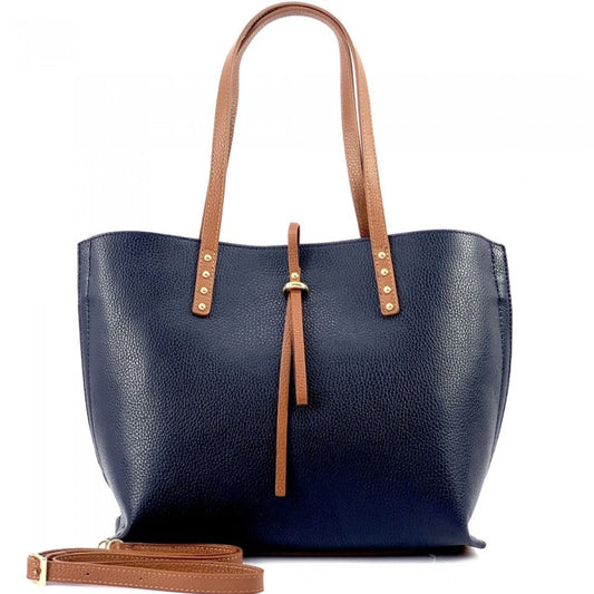 Belinda Leather Shopping Bag - Navy/Tan