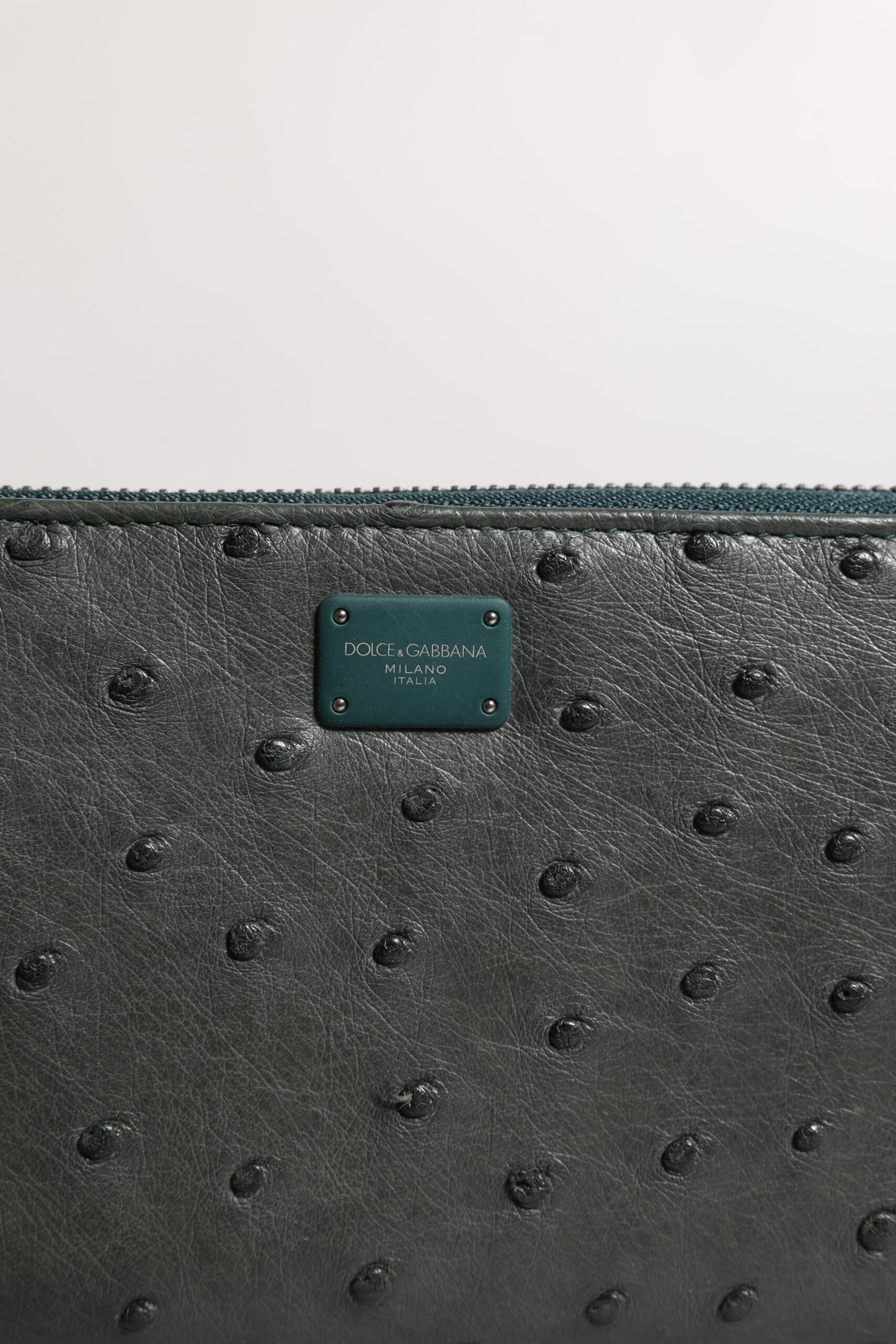 Dolce & Gabbana Green Ostrich Logo Plaque Zip Around Continental Wallet