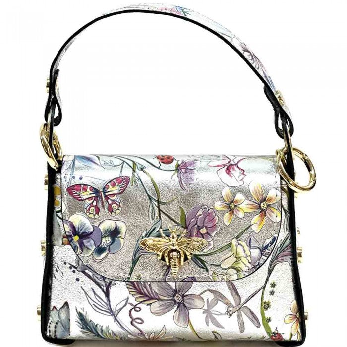 Virginia Leather Handbag - Silver Floral