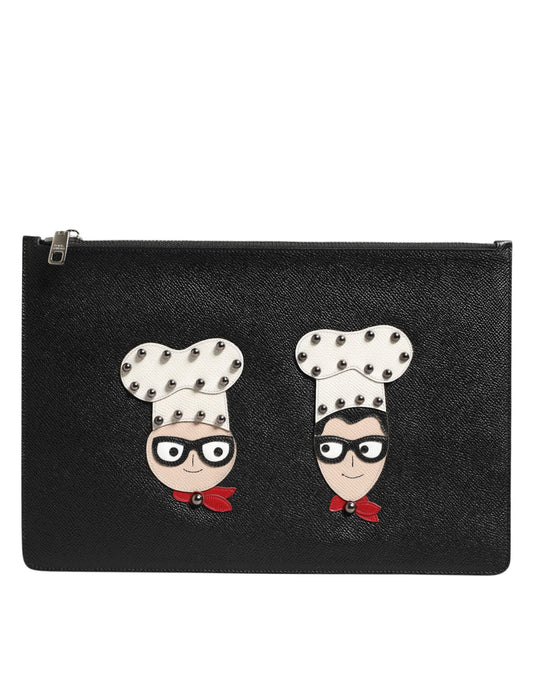 Dolce & Gabbana Black Leather #DGFAMILY Embellished Men Clutch Pouch Bag