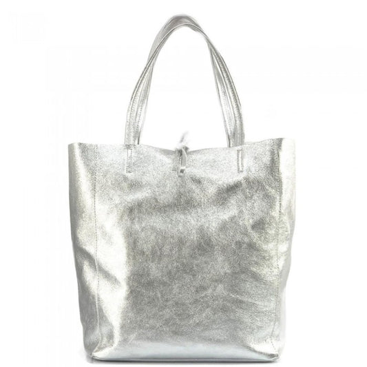 Babila Italian Genuine Leather Tote Bag - Silver