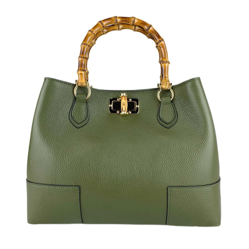 Olive Green Bamboo handles Handbag made in Italy